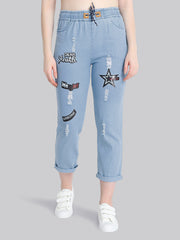Light Blue Star Print Denim Jogger Jeans-2276