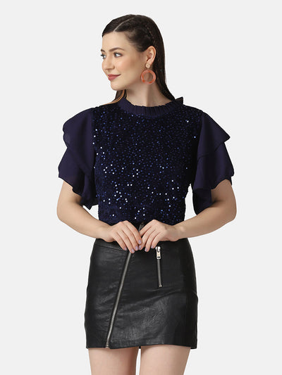 Ruffle Short Sleeve Sequins Embellished Women Top-2911-2911