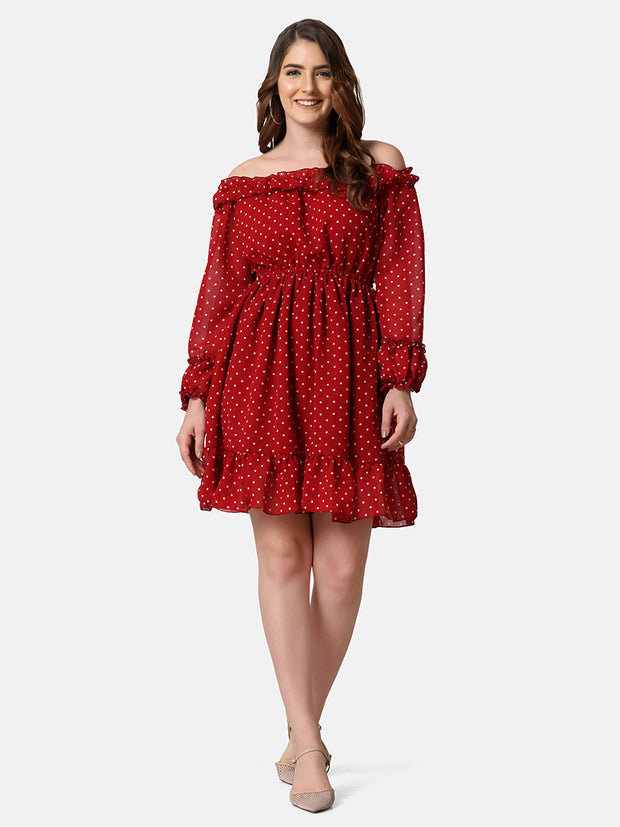 Georgette Off Shoulder Polka Dot Short Women Dress-2849-2851