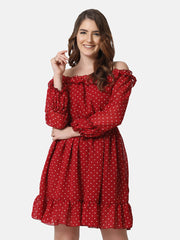 Georgette Off Shoulder Polka Dot Short Women Dress-2849-2851