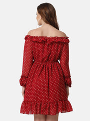 Georgette Off Shoulder Polka Dot Short Women Dress-2850-2851