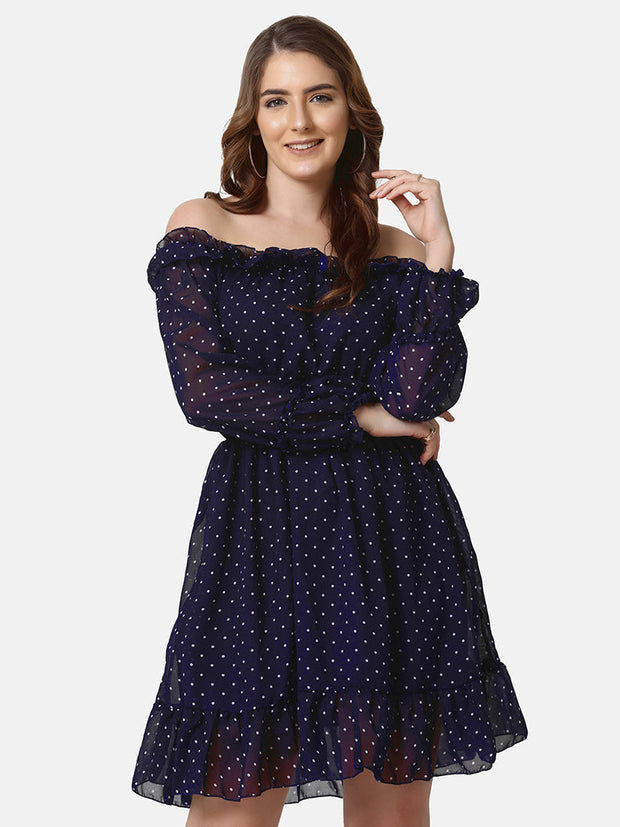 Georgette Off Shoulder Polka Dot Short Women Dress-2851-2851