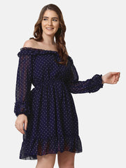 Georgette Off Shoulder Polka Dot Short Women Dress-2849-2851