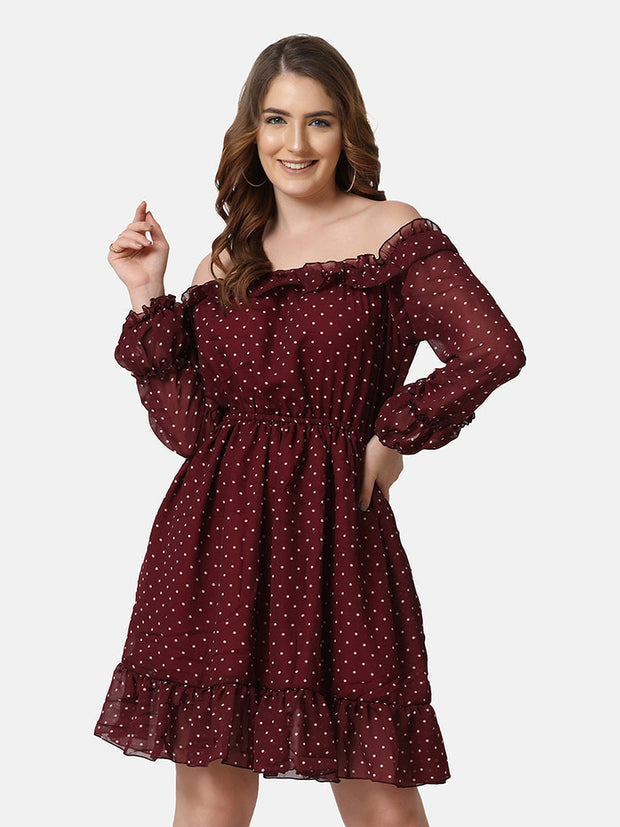 Georgette Off Shoulder Polka Dot Short Women Dress-2851-2851