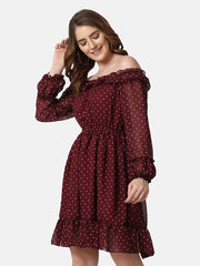 Georgette Off Shoulder Polka Dot Short Women Dress-2849-2851