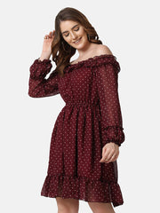 Georgette Off Shoulder Polka Dot Short Women Dress-2848-2851