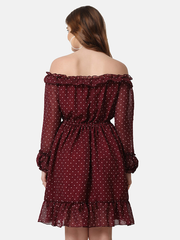 Georgette Off Shoulder Polka Dot Short Women Dress-2849-2851