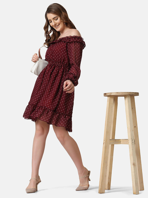 Georgette Off Shoulder Polka Dot Short Women Dress-2849-2851