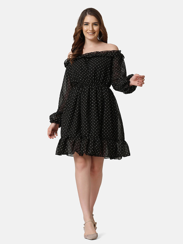 Georgette Off Shoulder Polka Dot Short Women Dress-2849-2851