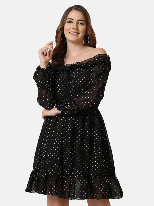 Georgette Off Shoulder Polka Dot Short Women Dress-2851-2851