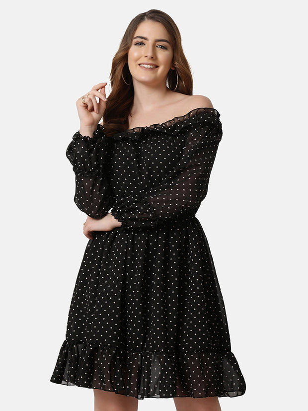 Georgette Off Shoulder Polka Dot Short Women Dress-2850-2851