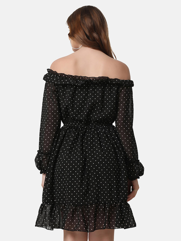 Georgette Off Shoulder Polka Dot Short Women Dress-2849-2851