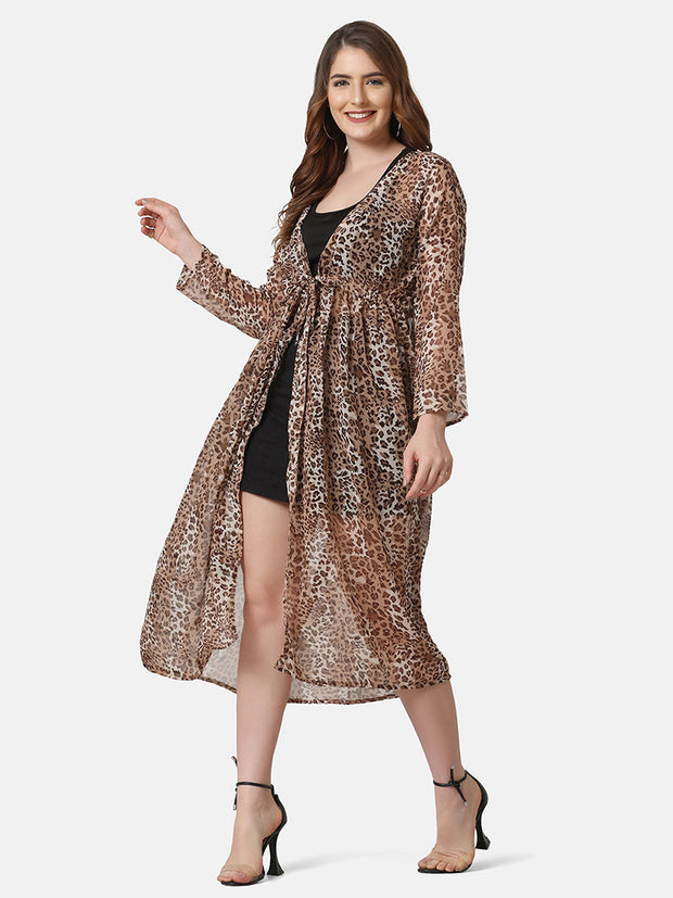 Brown Georgette Leopard Print Long Women Shrug-2852