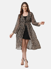 Brown Georgette Leopard Print Long Women Shrug-2855