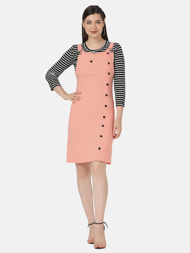 Twill Pinafore Dungaree Dress with Striped Top-2874-2874