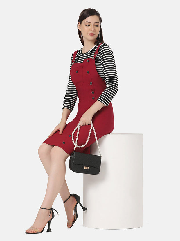 Twill Pinafore Dungaree Dress with Striped Top-2872-2874