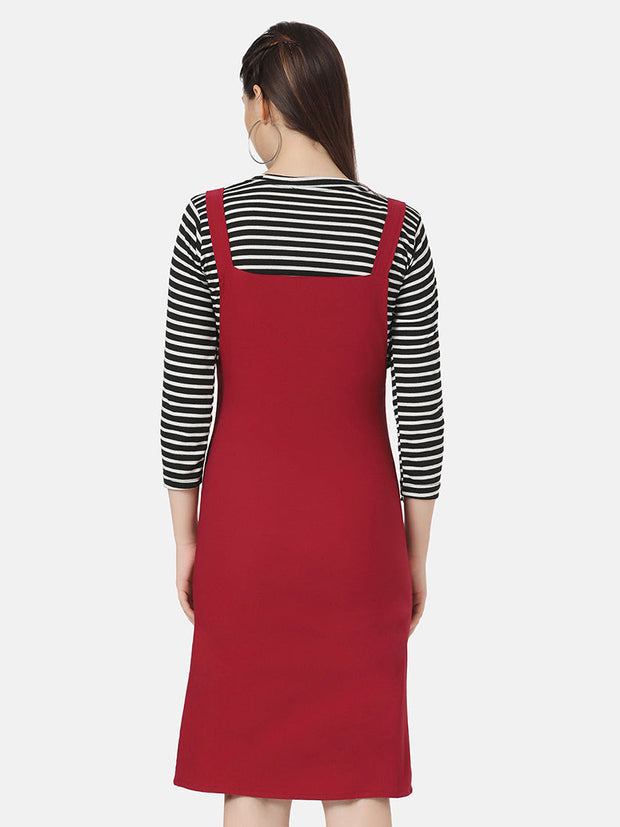 Twill Pinafore Dungaree Dress with Striped Top-2874-2874