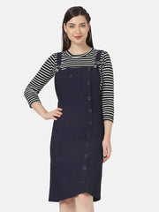 Twill Pinafore Dungaree Dress with Striped Top-2871-2874