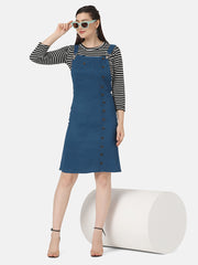 Twill Pinafore Dungaree Dress with Striped Top-2869-2874