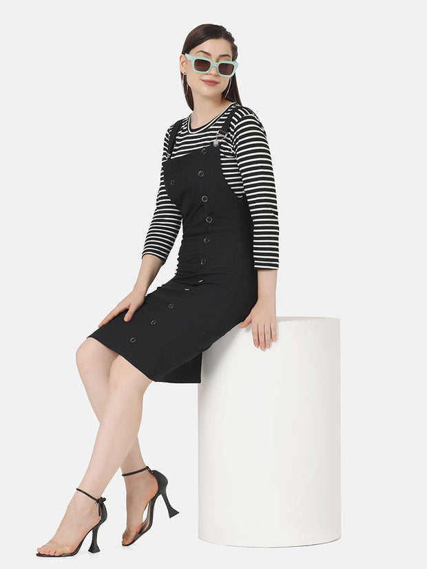 Twill Pinafore Dungaree Dress with Striped Top-2870-2874