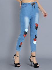 Light Blue Heart Print Skinny Fit Denim Jogger Jeans-2359