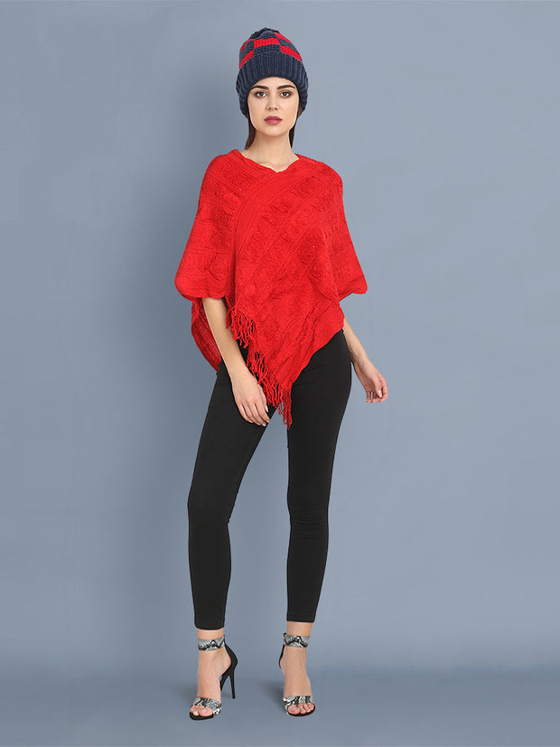 Red Woollen Knit Poncho Top-2408