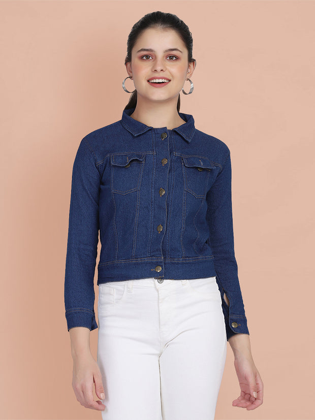 Dark Blue Solid Women Regular Denim Jacket-2611