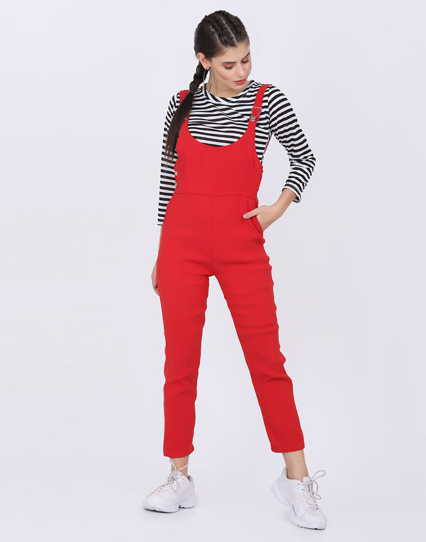 Red Dungaree Pant with Striped Top-2051