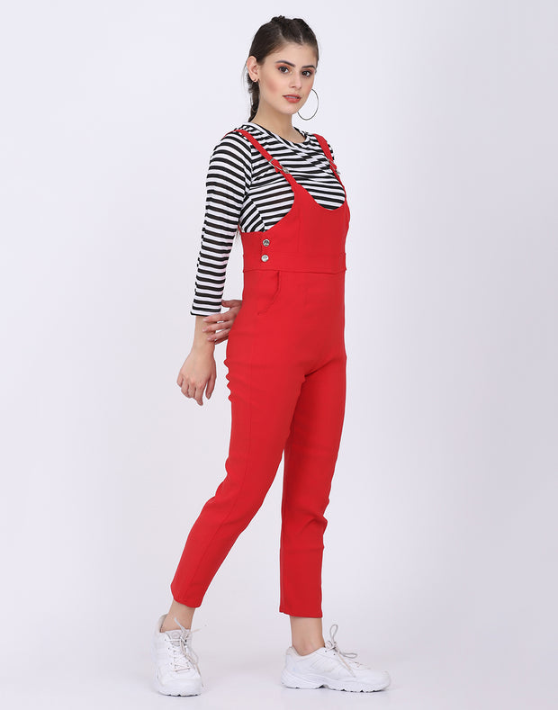 Red Dungaree Pant with Striped Top-2051