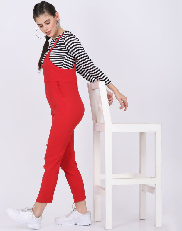 Red Dungaree Pant with Striped Top-2051