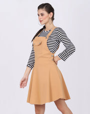 Beige Dungaree Skirt with Striped Top-2026