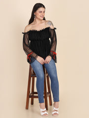 Black Off Shoulder Full Sleeve Soft Net Top For Women-2606