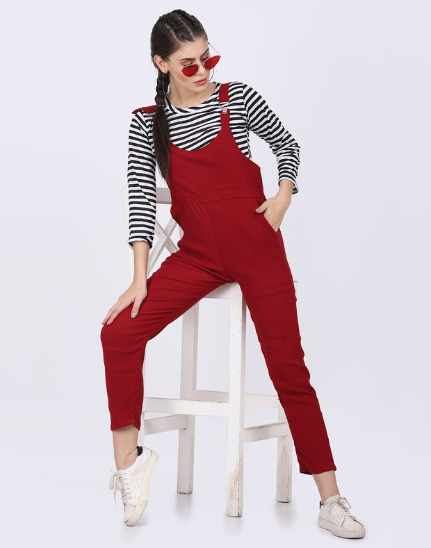 Maroon Dungaree Pant with Striped Top-2053