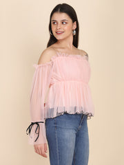 Light Pink Off Shoulder Soft Net Top For Women-2608