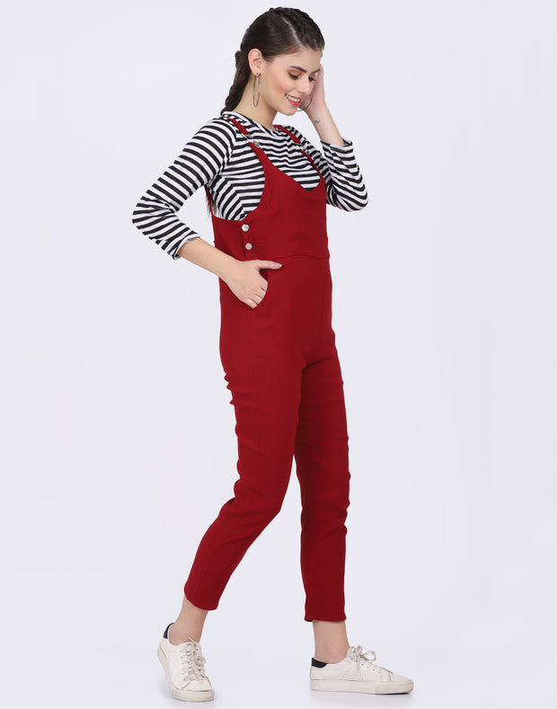 Maroon Dungaree Pant with Striped Top-2053