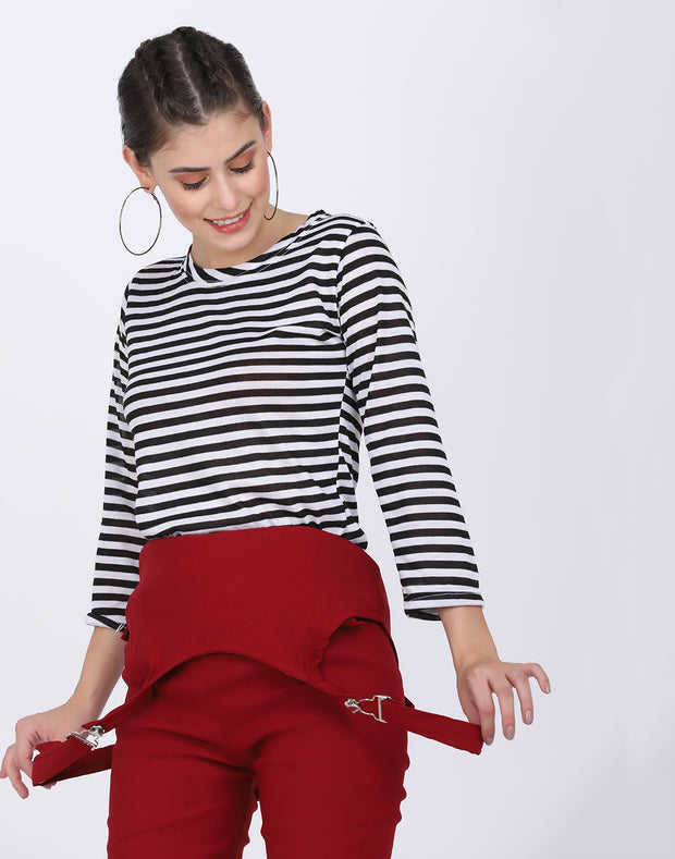 Maroon Dungaree Pant with Striped Top-2053