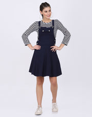 Navy Blue Dungaree Skirt with Striped Top-2330