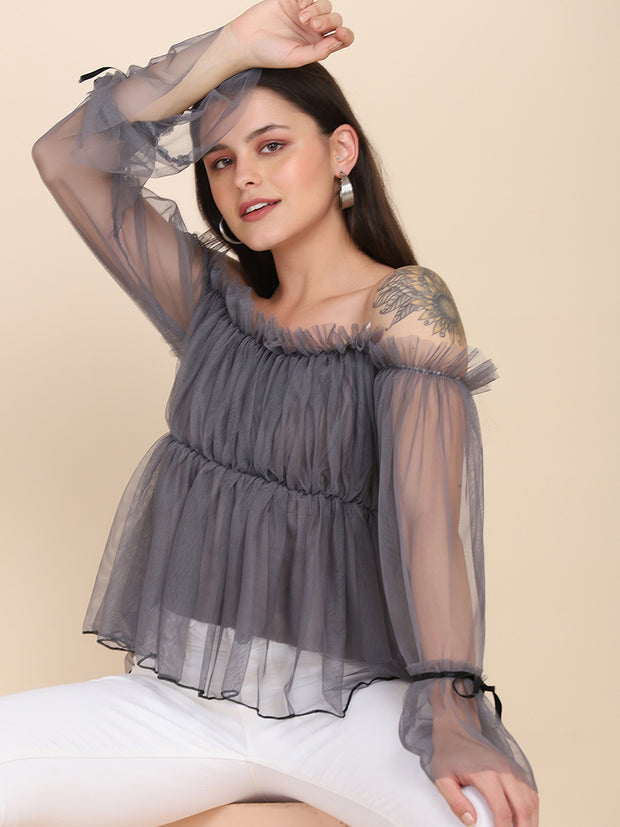 Grey Off Shoulder Full Sleeve Soft Net Top For Women-2610