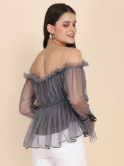 Grey Off Shoulder Full Sleeve Soft Net Top For Women-2610