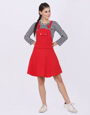 Red Dungaree Skirt with Striped Top-2024