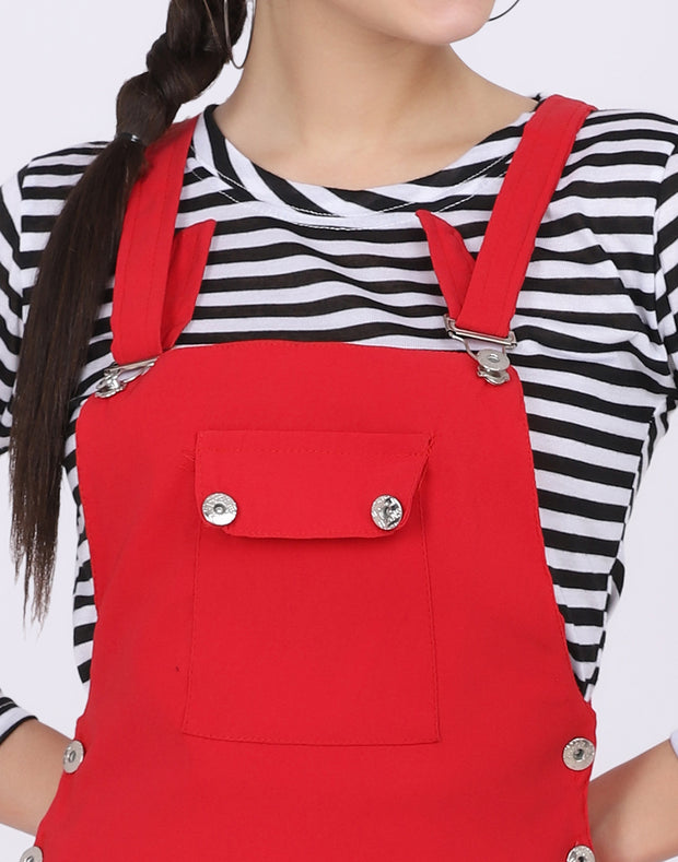 Red Dungaree Skirt with Striped Top-2024