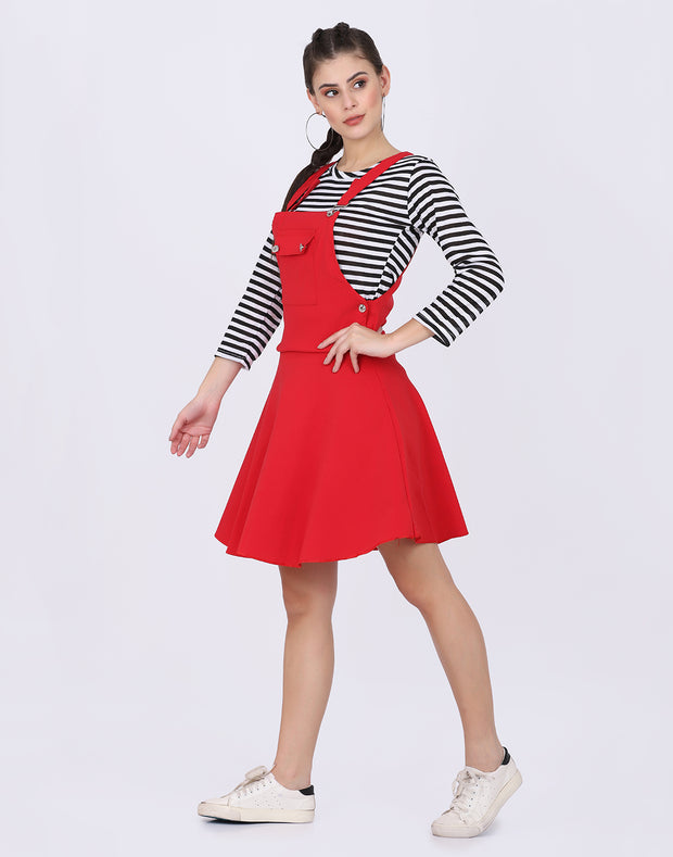 Red Dungaree Skirt with Striped Top-2024