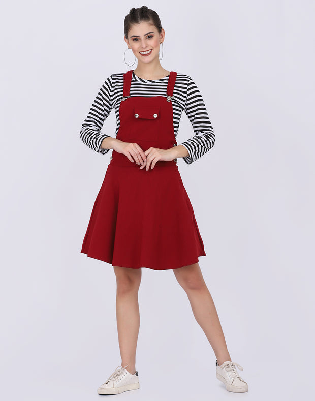 Maroon Dungaree Skirt with Striped Top-2331