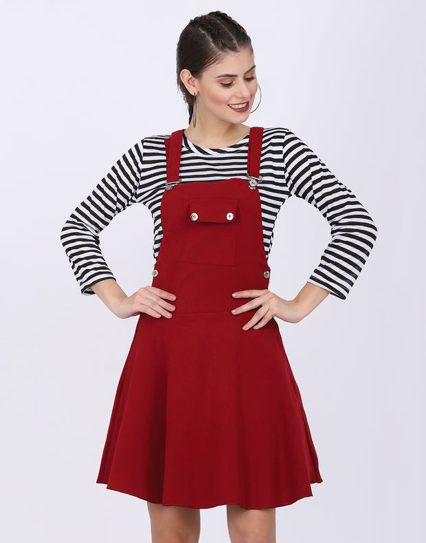 Maroon Dungaree Skirt with Striped Top-2331