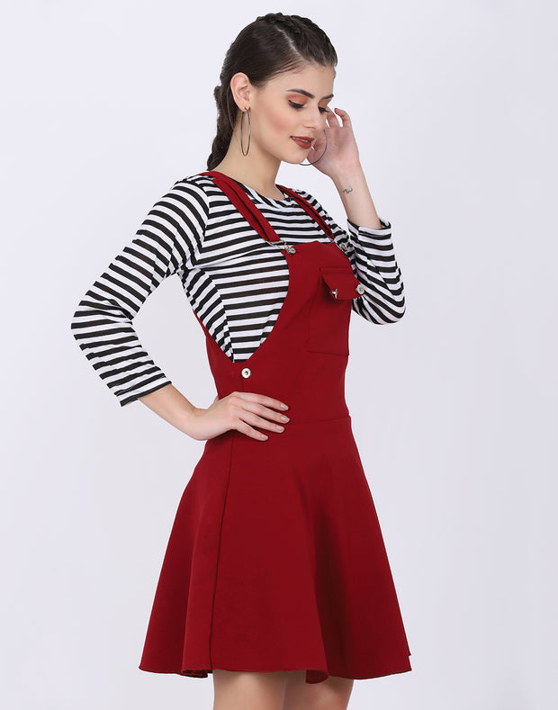 Maroon Dungaree Skirt with Striped Top-2331