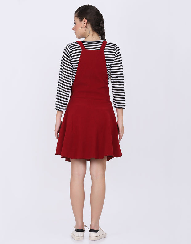 Maroon Dungaree Skirt with Striped Top-2331