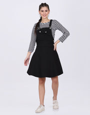 Black Dungaree Skirt with Striped Top Midi Dress-2025