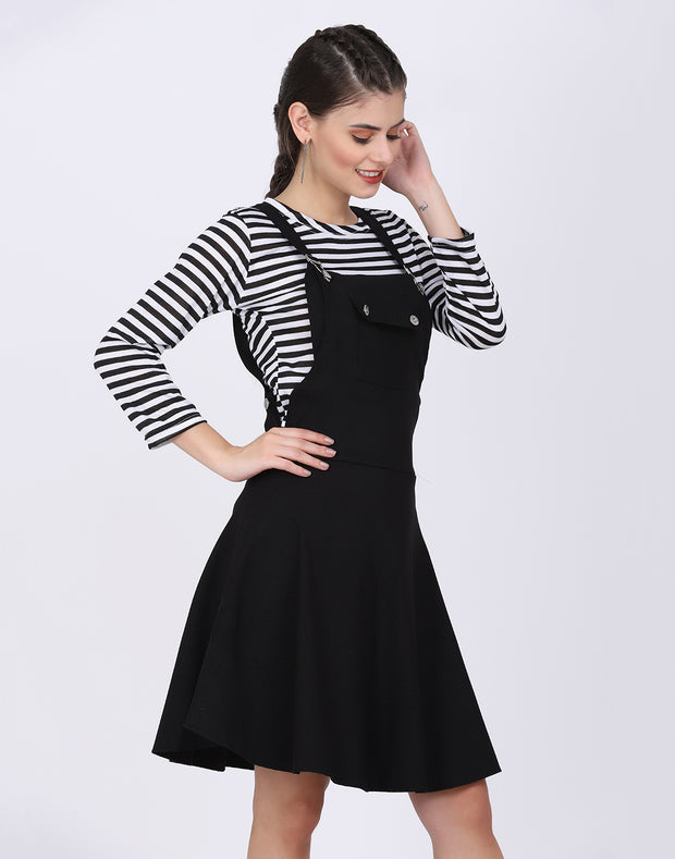 Black Dungaree Skirt with Striped Top Midi Dress-2025