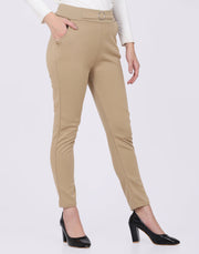 Lycra Beige Skinny Fit Solid Trouser Pant with Buckle-2588