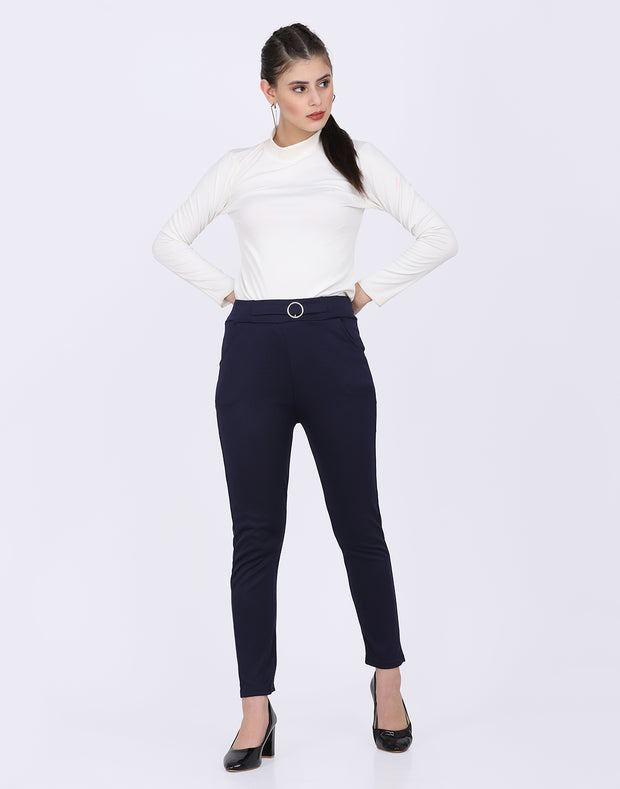 Lycra Navy Skinny Fit Solid Trouser Pant with Buckle-2587